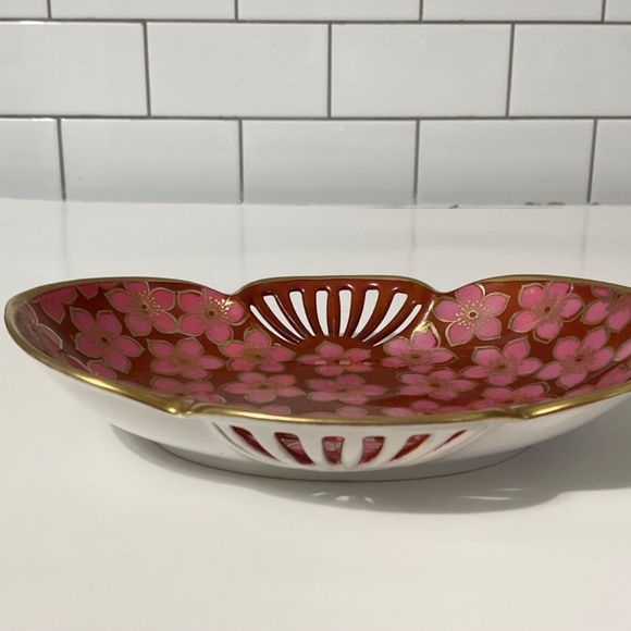 VTG RS Silesia Ruby Oval Handled Bowl With Pink Flowers Gold Trim - Picture 5 of 7